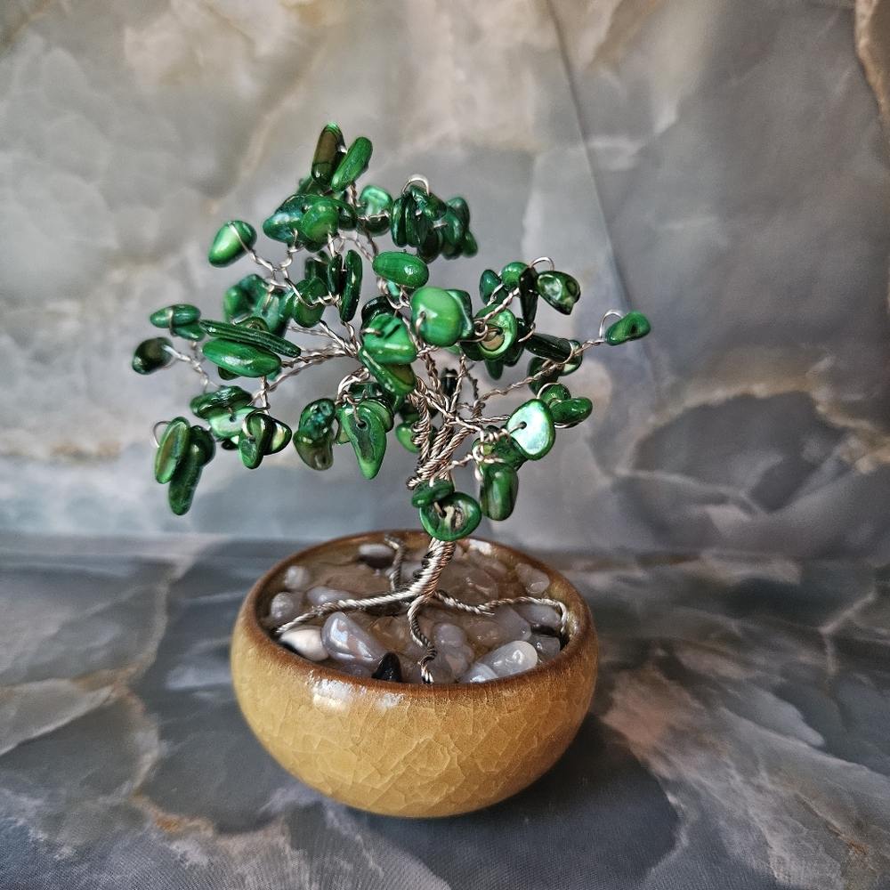 Green Gemstone Wire Bonsai Tree Sculpture - Home Accents